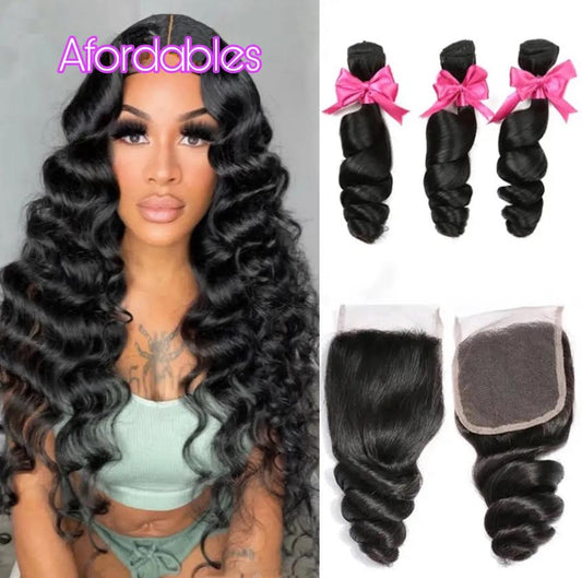 Upermall 3/4 Loose Wave Bundles with Closure Brazilian Remy Human Hair Weave HD Transparent 4x4 5x5 Lace Closure and Bundle Soft