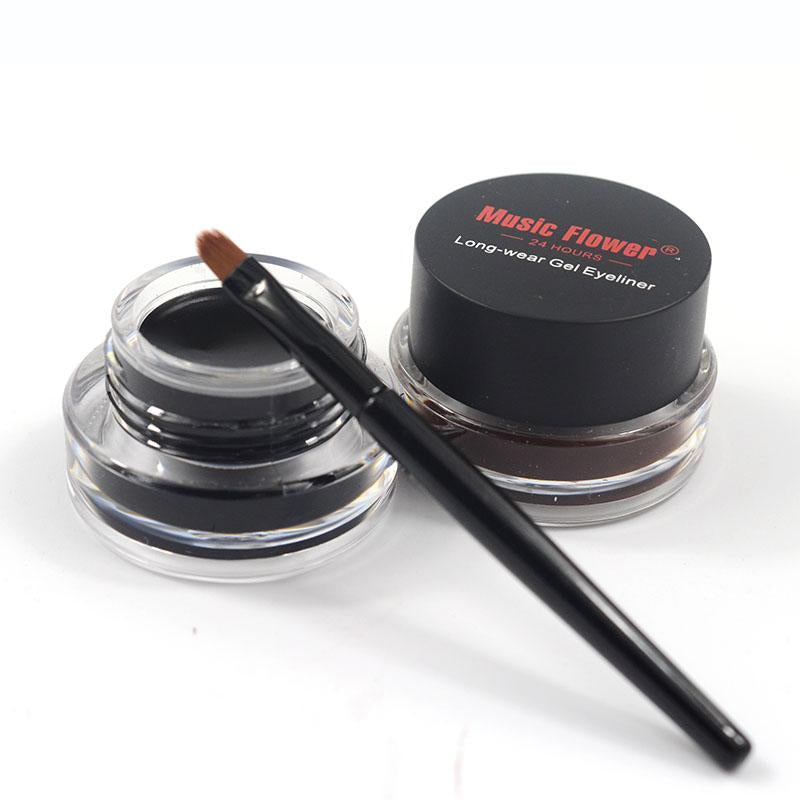 Music Flower 2 in 1 Coffee + Black Gel Eyeliner Make Up Waterproof Eye Liner Cosmetics Set Eyeliner Pens Makeup Brushes Set