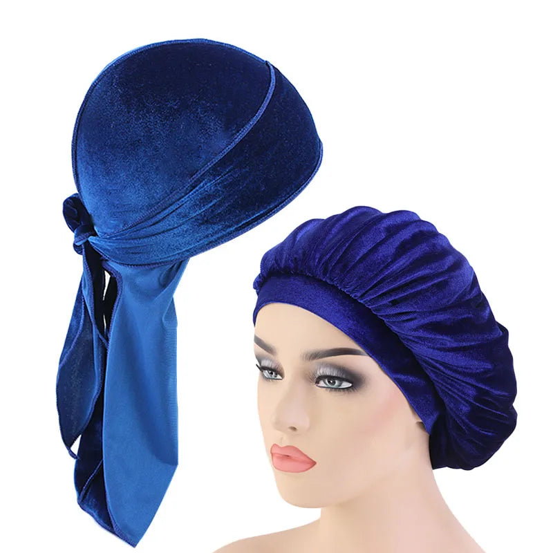 Velvet Durag And Bonnet 2pcs Set Women Sleep Cap and Men Doo Rag Bonnet Cap Comfortable velvet Sleeping Hat