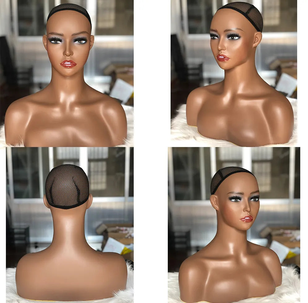 African Female Mannequin Head 18inch With Shoulder Can Wear Earing Manikin PVC Head Wig Head Stand For Wigs Display Making