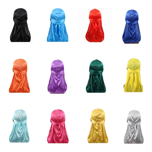 Unisex Women Men Silk Durag Turban Hat Wigs Biker Headwear Headband Hair Accessories Long Tail Straps Bandanas Silky Durags