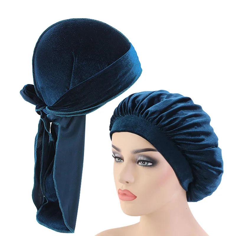 Velvet Durag And Bonnet 2pcs Set Women Sleep Cap and Men Doo Rag Bonnet Cap Comfortable velvet Sleeping Hat