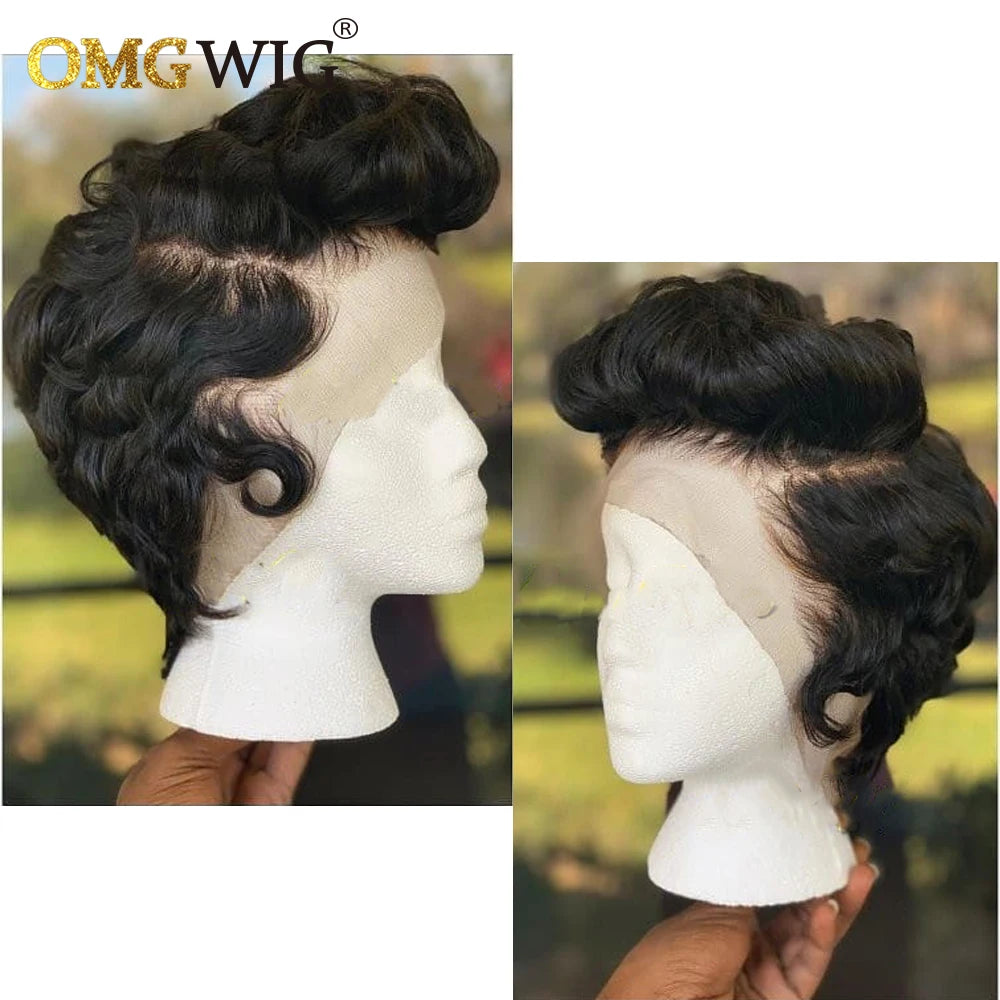 13x4 Lace Frontal Wig Brazilian Remy Human Hair Wigs For Women Wavy Preplucked Hairline 13x6x1Side Part Short Bob With Bangs