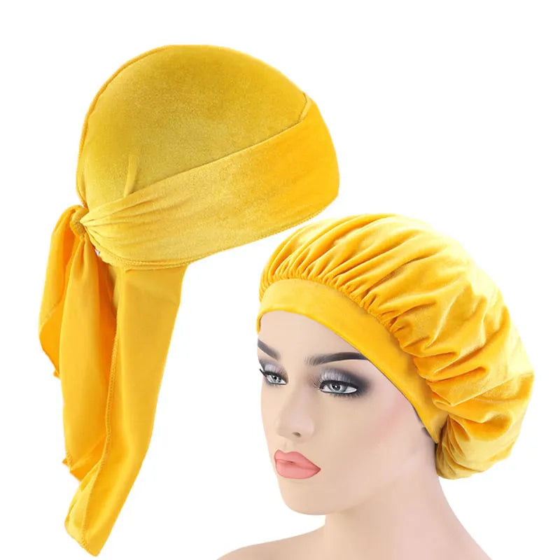 Velvet Durag And Bonnet 2pcs Set Women Sleep Cap and Men Doo Rag Bonnet Cap Comfortable velvet Sleeping Hat