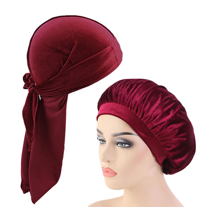 Velvet Durag And Bonnet 2pcs Set Women Sleep Cap and Men Doo Rag Bonnet Cap Comfortable velvet Sleeping Hat