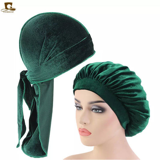 Velvet Durag And Bonnet 2pcs Set Women Sleep Cap and Men Doo Rag Bonnet Cap Comfortable velvet Sleeping Hat