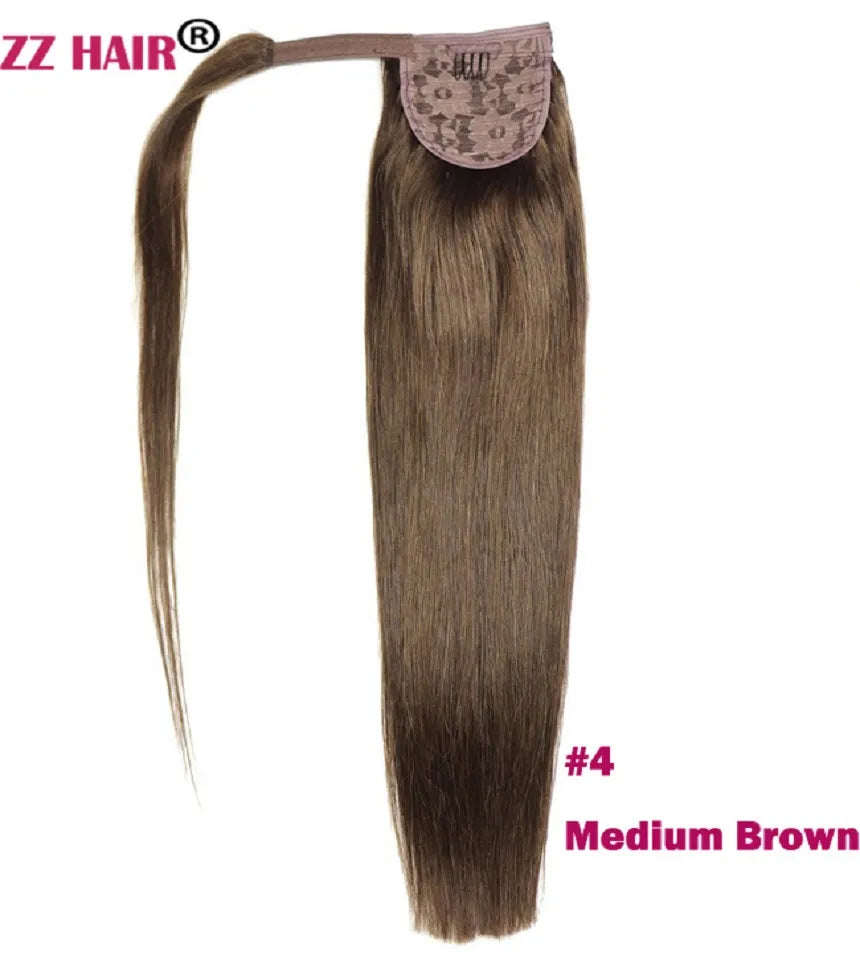ZZHAIR 100% Human Hair Extensions 16"-28" Machine Made Remy Magic Wrap Around Ponytail 60g-120g Clip In Horsetail Stragiht