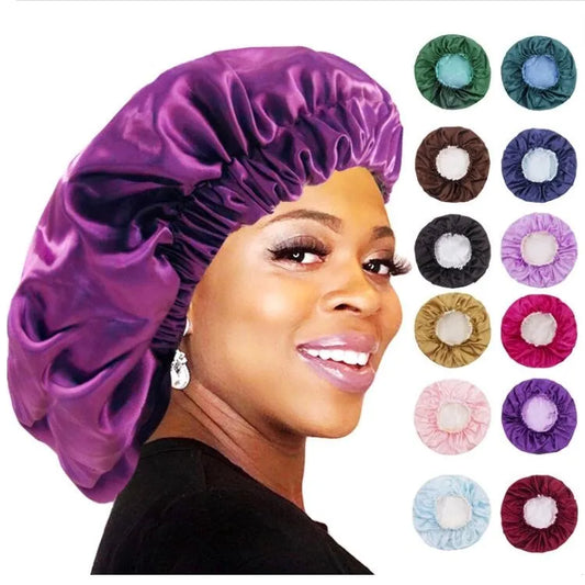 Solid Color Reversible Silky Satin Bonnet Double Layer Sleep Night Cap Head Cover Bonnet Hat for For Curly Springy Hair Black