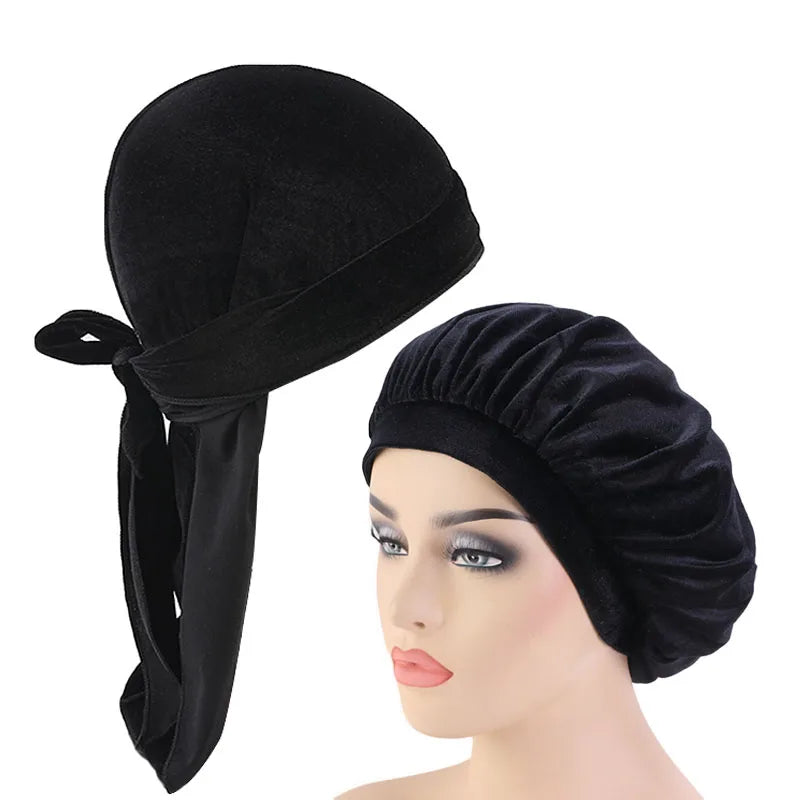 Velvet Durag And Bonnet 2pcs Set Women Sleep Cap and Men Doo Rag Bonnet Cap Comfortable velvet Sleeping Hat