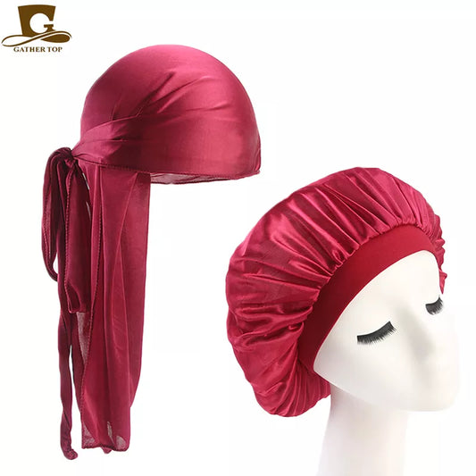 Unisex Silky Durag Long Tail And Wide Straps Waves For men Solid Wide Doo Rag Bonnet Cap Comfortable Sleeping Hat