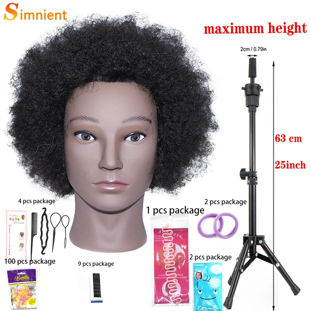 Afro Mannequin Heads With 100% Human Hair With Adjustable Tripod Hairdressing Dolls Training Head For Practice Styling Braiding
