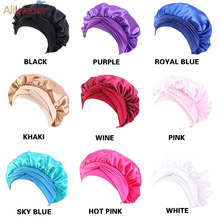 Custom Logo Women'S Satin Bonnet With Wide Stretch Ties Band Long Tail Bonnet Satin Cheveux Nuit Silk Sleeping Night Cap Bonnets