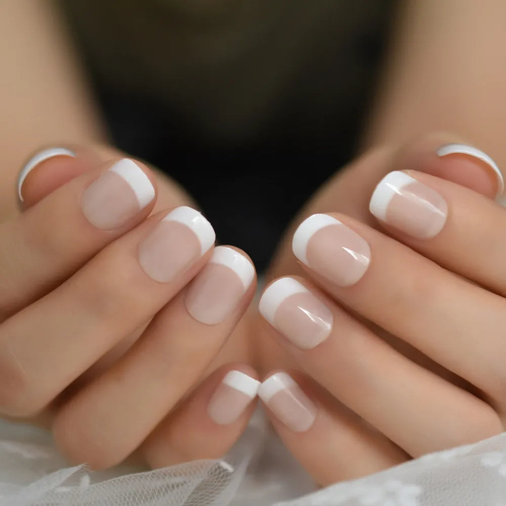 Summer Short Natural Nude White French Nail Tips False Fake Nails Gel Press on Ultra Easy Wear for Home Office Wear