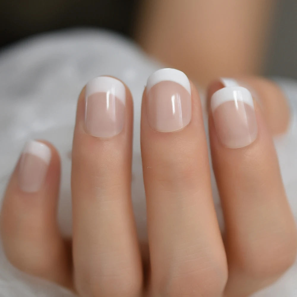 Summer Short Natural Nude White French Nail Tips False Fake Nails Gel Press on Ultra Easy Wear for Home Office Wear