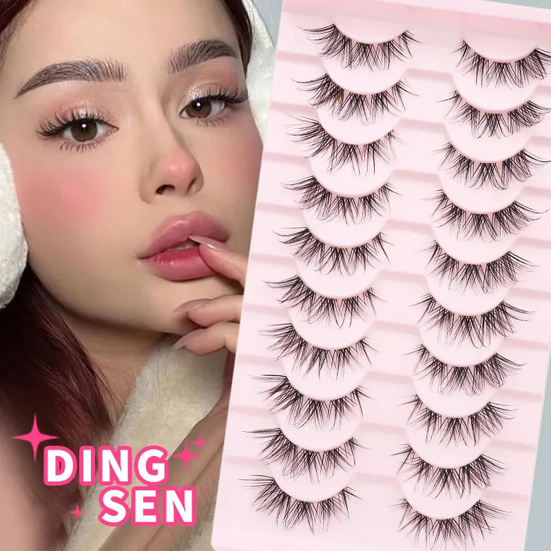 DINGSEN Cat Eye Lashes 10pairs False Eyelashes Natural Eyelashes Anime Winged Clear Band Lashes Fake Eyelash Manga Lashes Makeup