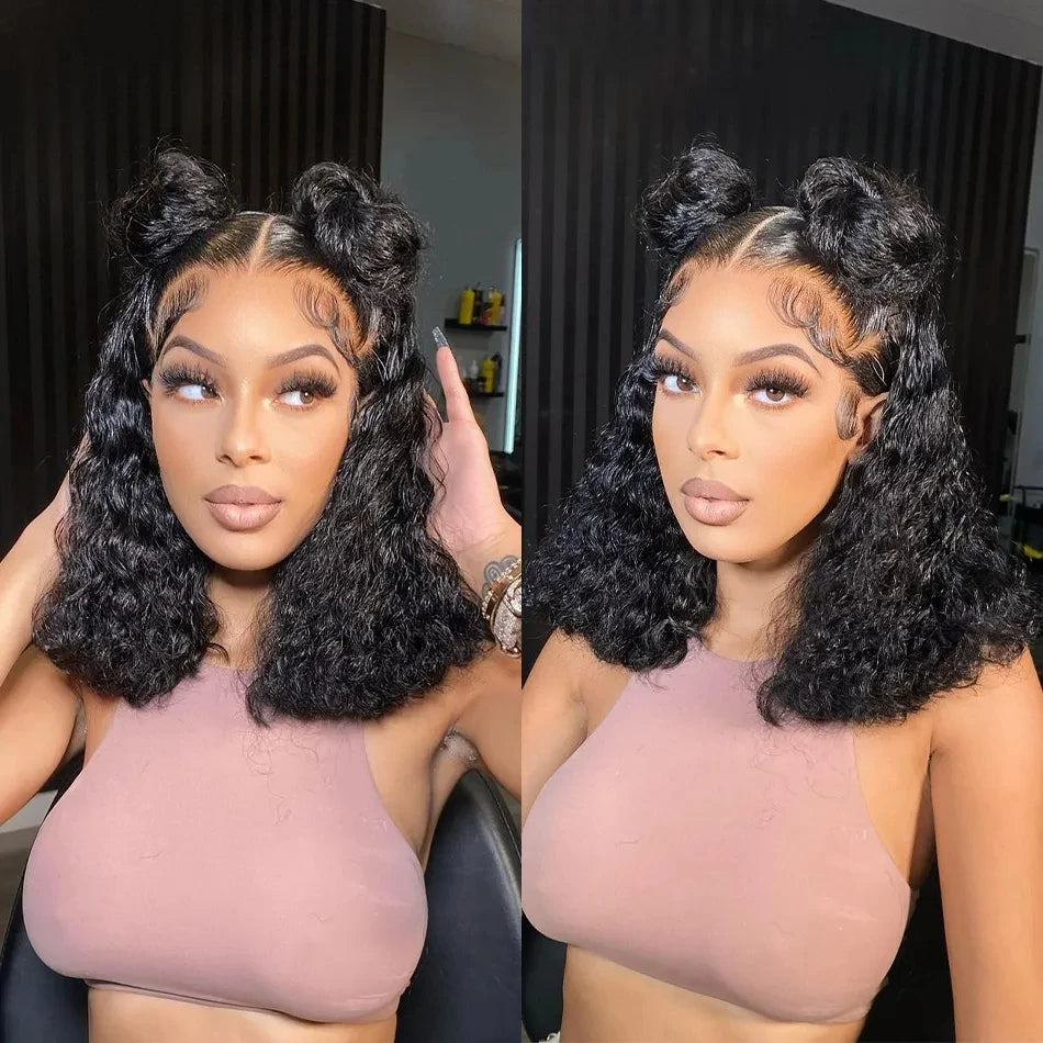 Glueless 100% Human Hair Wigs Water Wave Lace Short Bob 4x4 HD Transparent Lace Closure Brazilian Kinky Curly For Black Women