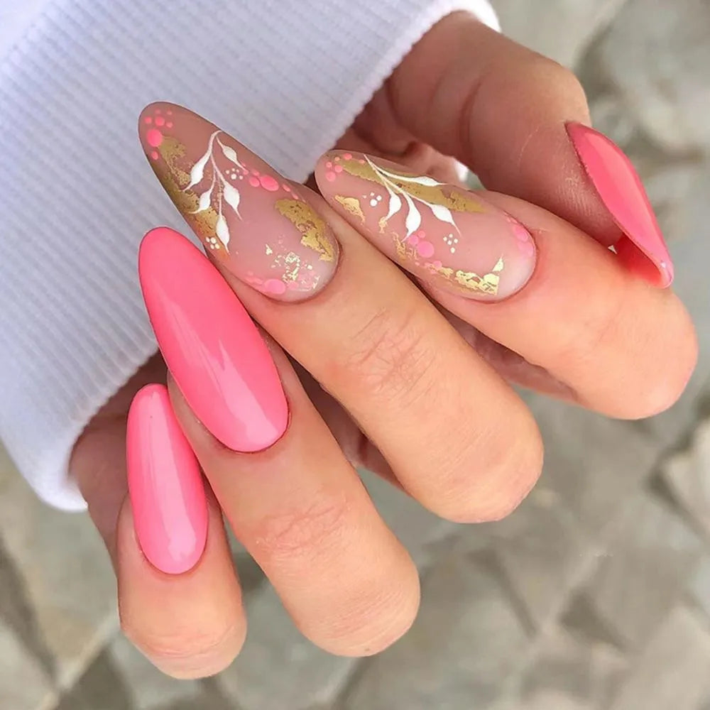 24Pcs/Set Fake Nails With Glue Full Cover Nail Tips Press On Med Nails DIY Manicure Oval Head False Nails Pink Almond Artificial