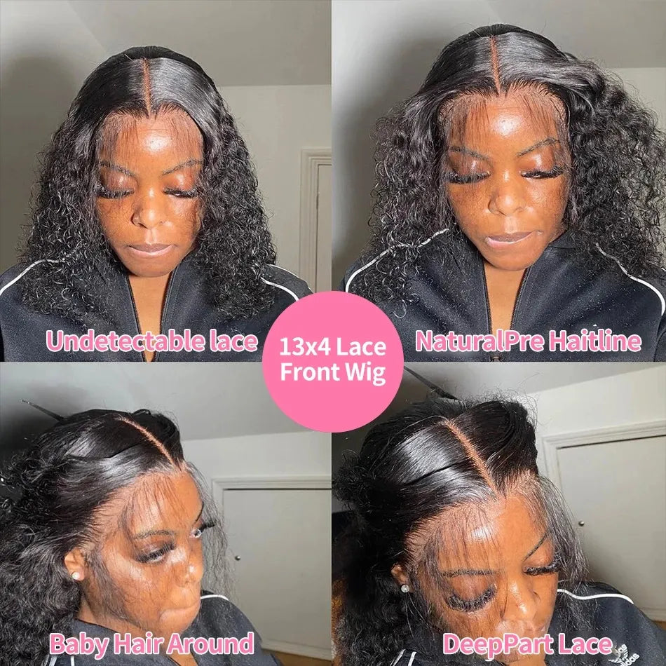 13x4 Glueless Transparent Lace Front Human Hair Wigs Brazilian Short Bob Water Deep Wave Closure Wig For Black Women Human Hair