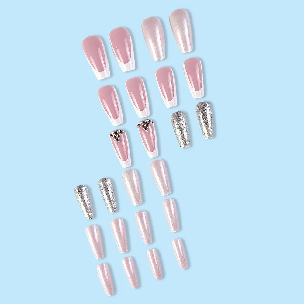 24 Pcs Medium Long Coffin Press On Nails Pink Glitter French Style False Nails With Rhinestone Shiny Fake Nails For Women