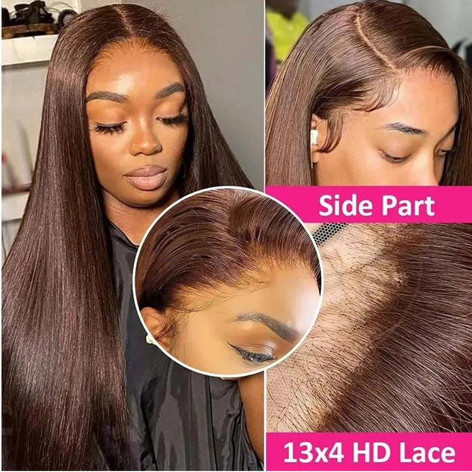 12A 10"-32" #4 Chocolate Brown Straight Human Hair Bundles with Closure Frontal Raw Brazilian Hair Weave Bundles with Closure