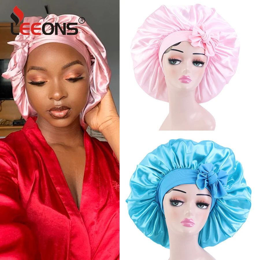 Custom Logo Women'S Satin Bonnet With Wide Stretch Ties Band Long Tail Bonnet Satin Cheveux Nuit Silk Sleeping Night Cap Bonnets