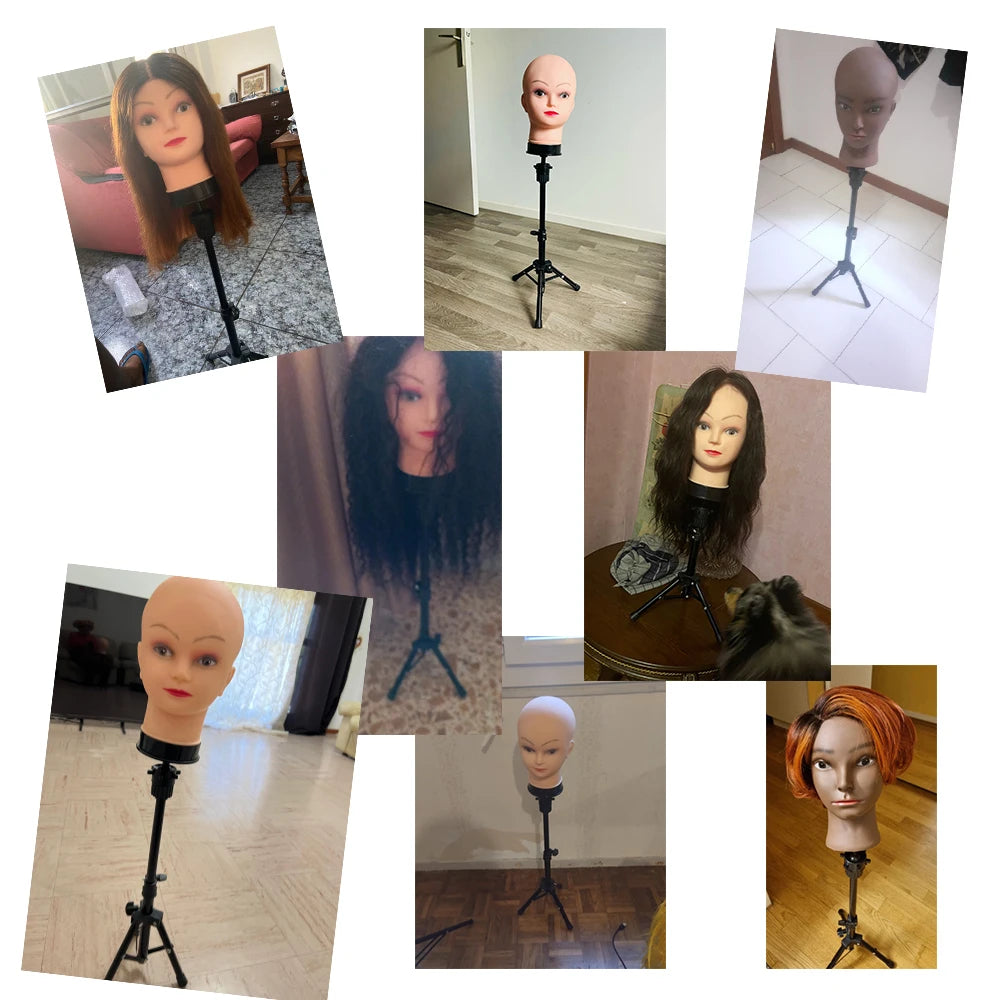 64cm Tripod Wig Stand With bald Mannequin Head Black mini Wig Stand Tripod With Bald Head Adjustable Tripod Wig Stand ,T-pins