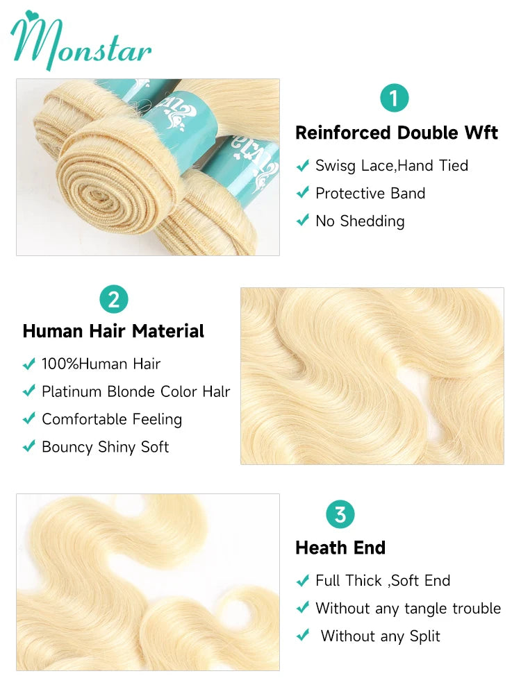 Monstar 1/3/4 613 Blonde Hair Extension Brazilian Hair Weave Bundles Body Wave Remy Human Hair Long 26 28 30 32 34 36 38 40 Inch