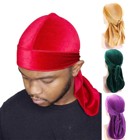 New Unisex Velvet Durags Bandana Turban Hat Men Women Breathable Warm Long Tail Doo Rag Durags Pirate Hat Hip Hop Headband