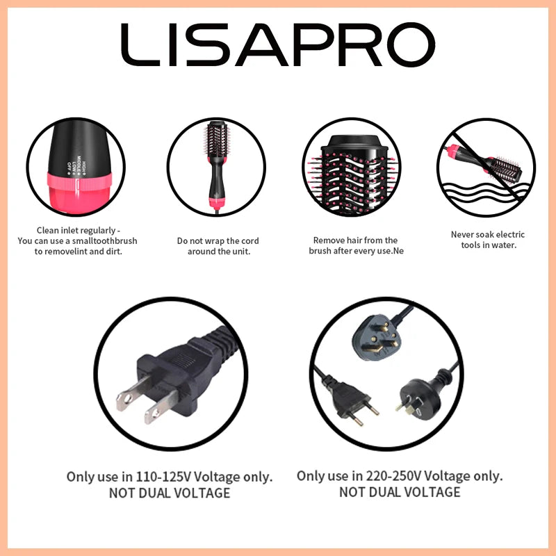 LISAPRO 3 IN 1 Hot Air Brush One-Step Hair Dryer And Volumizer Styler and Dryer Blow Dryer Brush Professional 1000W Hair Dryers