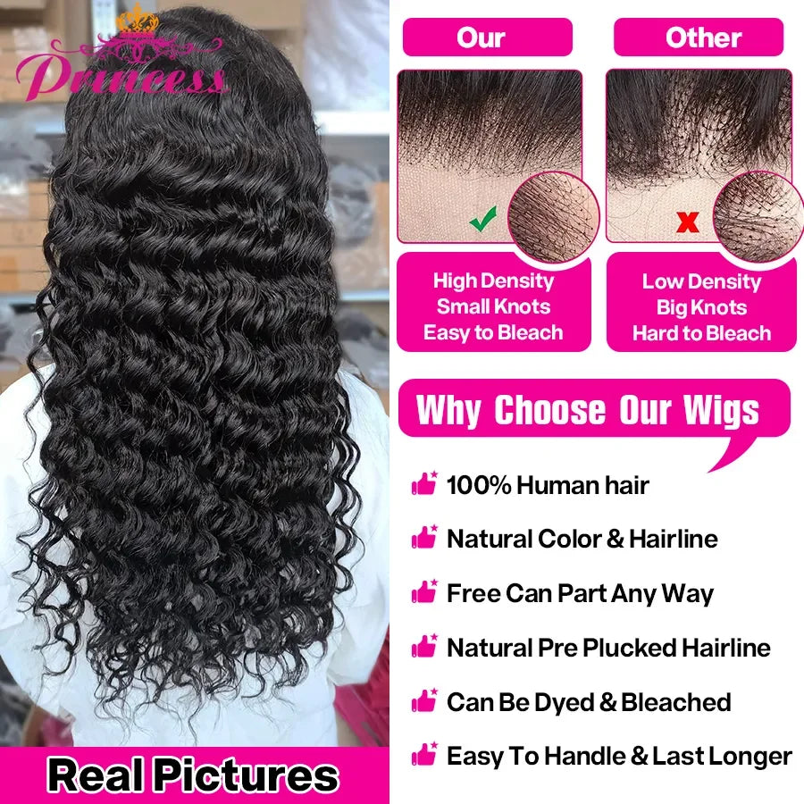 Princess Hair 13x4 Deep Wave Lace Front Wigs Human Hair Deep Part Curly Lace Front Wigs Pre Plucked Transparent Lace Frontal Wig