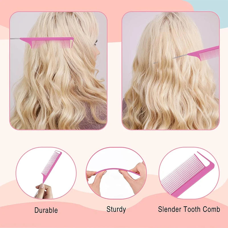 18 Pcs Hair Styling Comb Set Rat Tail Comb Double Sided Edge Brush for Women Girls Slicking Hair Clips Fixer Nylon Teasing Brush