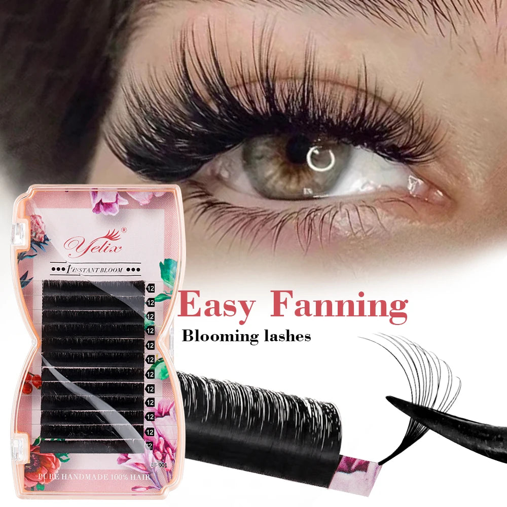 Yelix Easy Fan Lashes Bloom Individual Eyelash Extension Faux Mink Eyelashes Soft Natural Lash Extension Volume Russo Auto Fans