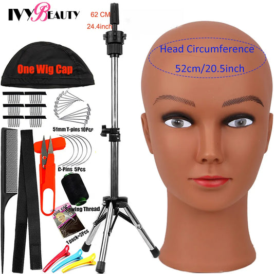 Bald Mannequin Head Canvas Block Head Kit With T-Pins Wig Cap Tripod For Training Manikin Head Wig Head Stand Display Styling