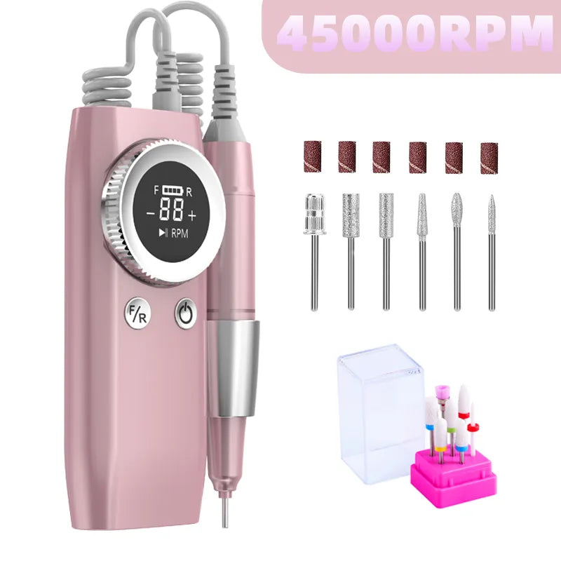 New 45000RPM Nail Drill Manicure Machine Rechargeable Electric Nail Sander With Pause Mode Nails Lathe Gel Cutting Remove Tool