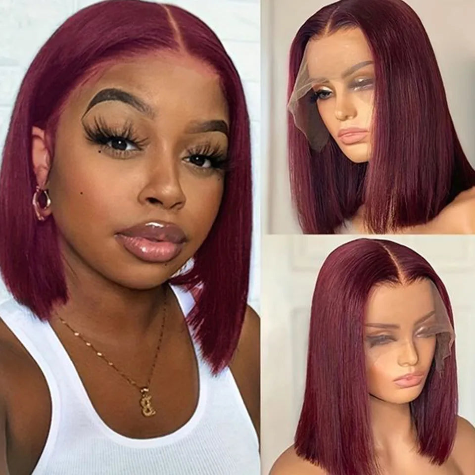 Burgundy HD Transparent Short Bob Human Hair Wigs Peruvian 99J Red Straight 13x6x1 Lace Front Wig For Women Pre Plucked