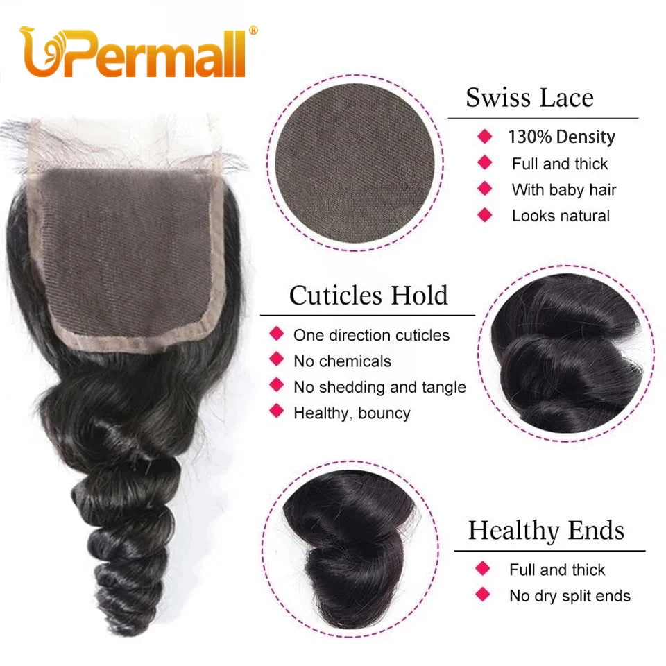 Upermall 3/4 Loose Wave Bundles with Closure Brazilian Remy Human Hair Weave HD Transparent 4x4 5x5 Lace Closure and Bundle Soft