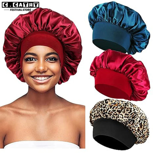 Satin Silk Hair Bonnet For Sleeping Women Wide Brim Sleep Cap Hair Bonnet For Curly Hair Showercap Children Men