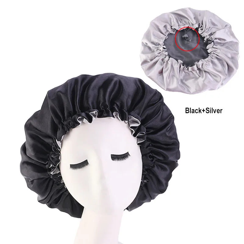 New Women Solid Reversible Satin Bonnet For Curly Hair Cap Double Layer Adjustable Sleep Cap Elastic Hair Cap Haircare Night Hat