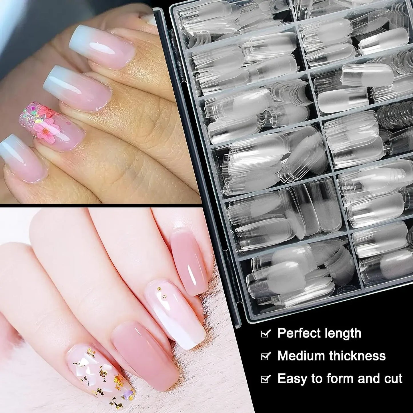 Square Nail Tips 600 PCS Artificial Full Cover Nail Tips Soft Clear Gel Nail Tips 12 Sizes Acrylic Medium Square Press on Nails