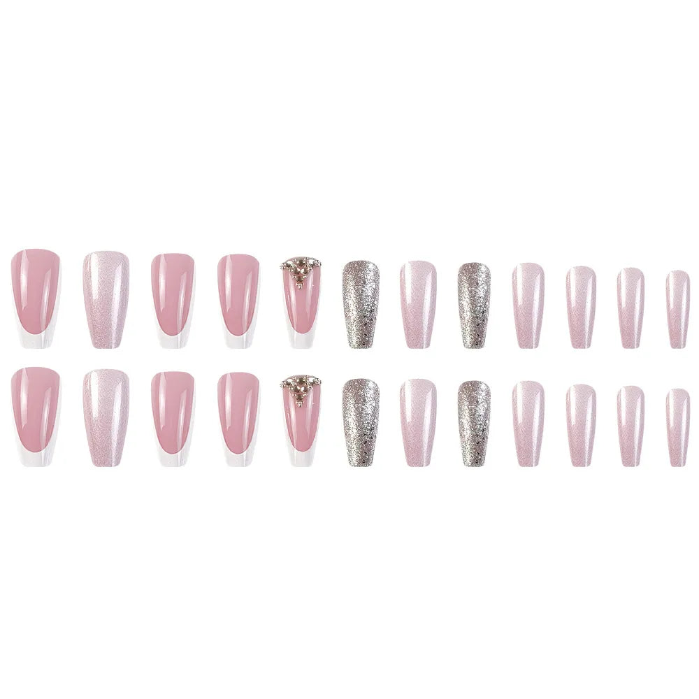 24 Pcs Medium Long Coffin Press On Nails Pink Glitter French Style False Nails With Rhinestone Shiny Fake Nails For Women