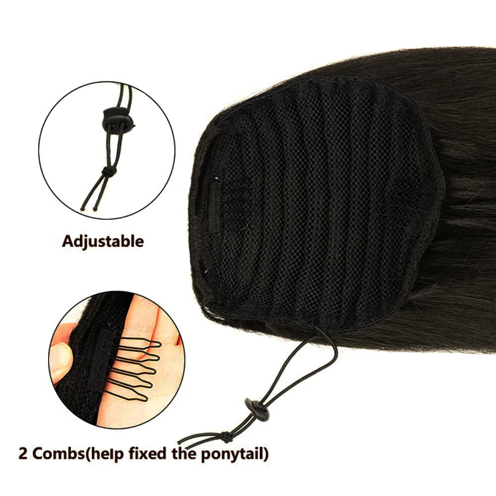 Ponytail Human Hair Extensions With Clip 10"-26" 100gram Natural Color Straight Human Hair Drawstring Ponytail For Women 1 Piece