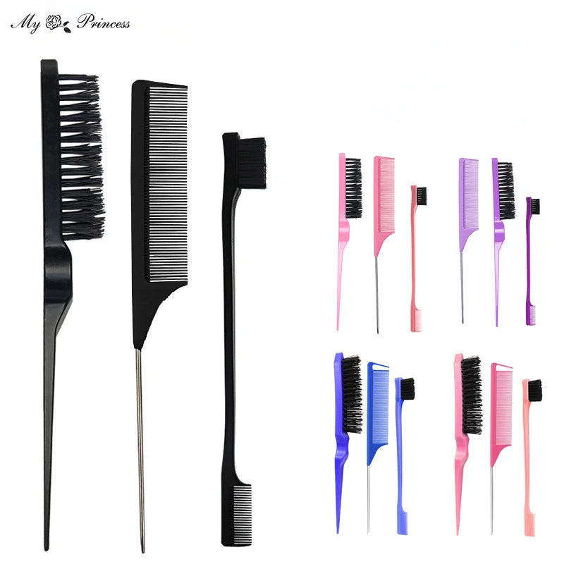 3PCS Hair Brush Set,Hair Styling Comb Including Dual Sided Edge Brush & Rat Tail Comb and Teasing Comb for Women Girl Barber