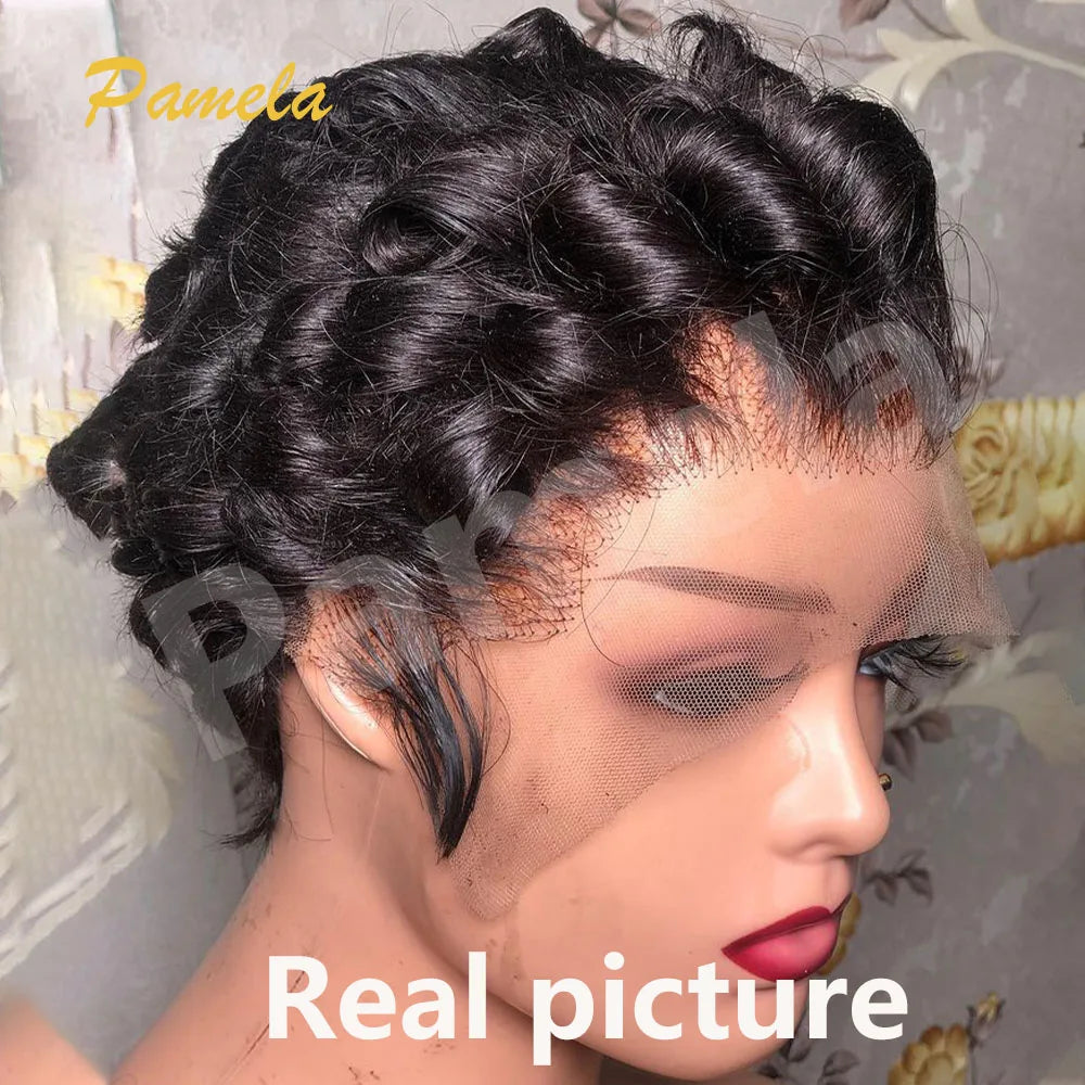 13x4 Short Bob Loose Wave Lace Front Wigs Pre Plucked Bleached Knots Pixie Cut Hd Transparent Lace Front Natutal Human Hair Wig