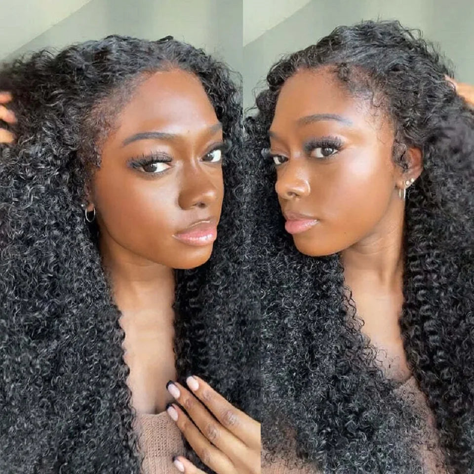 Kinky Curly Human Hair Wig With 4C Curly Edges Hairline Baby Hair 13x4 Transparent Lace Front Human Wig Ready to Go Wig No Glue