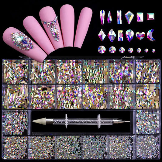 2800pcs Luxury Shiny Diamond Nail Art Rhinestones Crystal Decorations Set AB Glass 1pcs Pick Up Pen In Grids Box 21 Shape