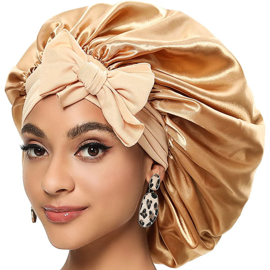 Custom Logo Women'S Satin Bonnet With Wide Stretch Ties Band Long Tail Bonnet Satin Cheveux Nuit Silk Sleeping Night Cap Bonnets