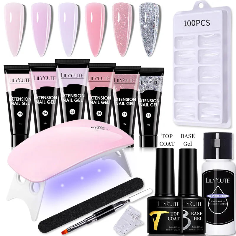 LILYCUTE Extension Nail Gel Set 6W LED Lamp Full Manicure Kit Glitter Color Quick Extension Fingertips Tool Nails Art Varnish