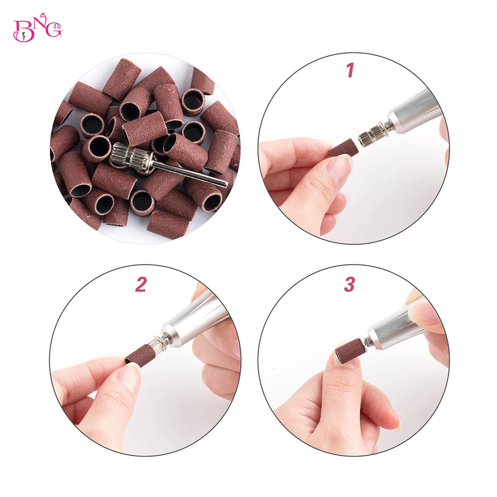 50Pcs/box Nail Sanding Bands with Metal Shaft Set Nail Drill Bits For Nail Polish Gel Dead Skin Callus Remove Sand Bands Cutter