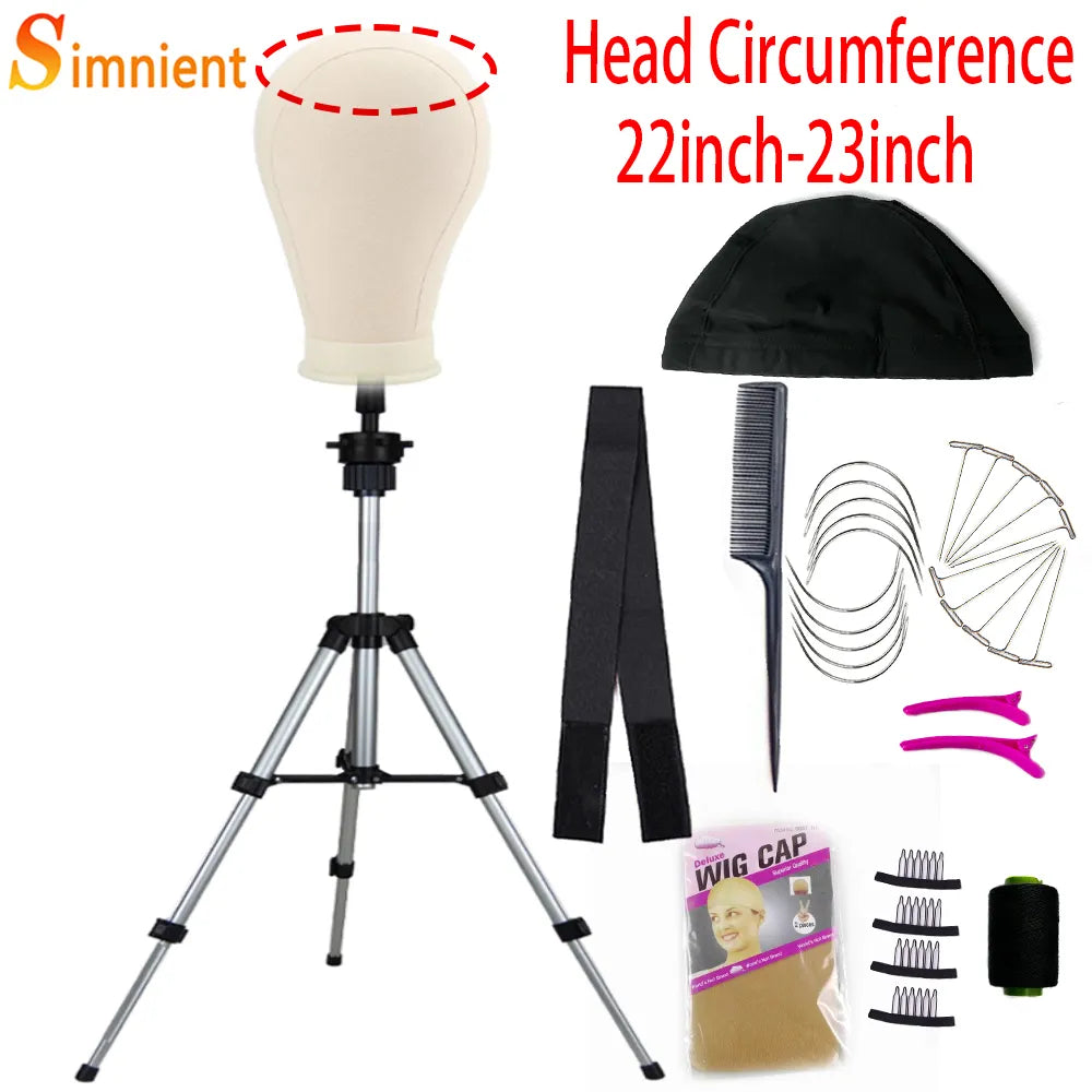 22/23''Training Mannequin Head Canvas Head For Wigs Making Wig Hair Brush With T Pin Wig Install Kit Adjustable Tripod Wig Stand