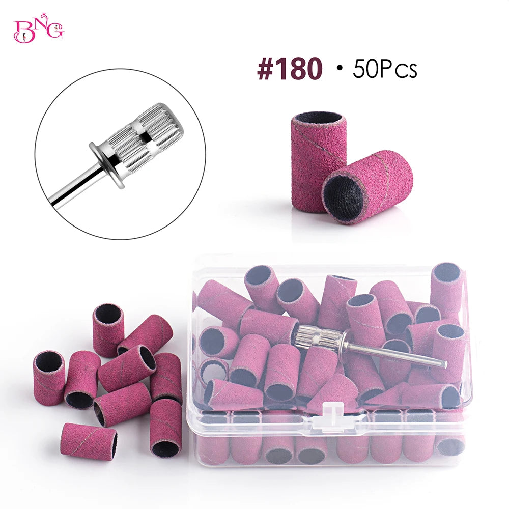 50Pcs/box Nail Sanding Bands with Metal Shaft Set Nail Drill Bits For Nail Polish Gel Dead Skin Callus Remove Sand Bands Cutter